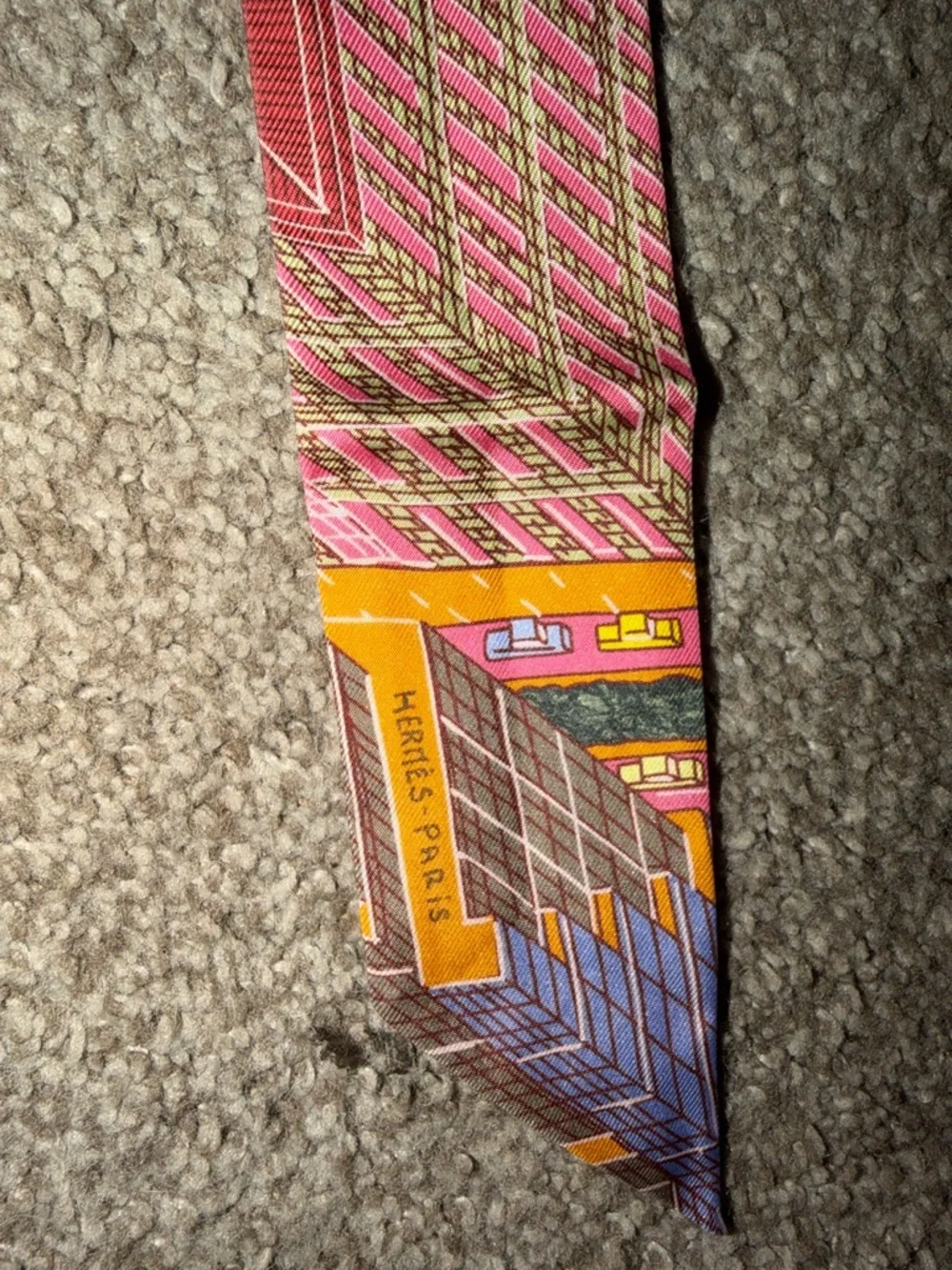 Hermes Pink and Yellow Printed Skinny Twilly - Picture 6 of 6
